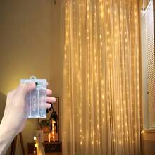 1 pieza Cortina de ventana con luces LED de cuerda con 8 modos de iluminación, luces colgantes de interior con batería para boda, fiesta de cumpleaños, dormitorio, decoración de ventana (baterías no incluidas) - Lámpara de cortina con caja de pilas AA - Ver 20