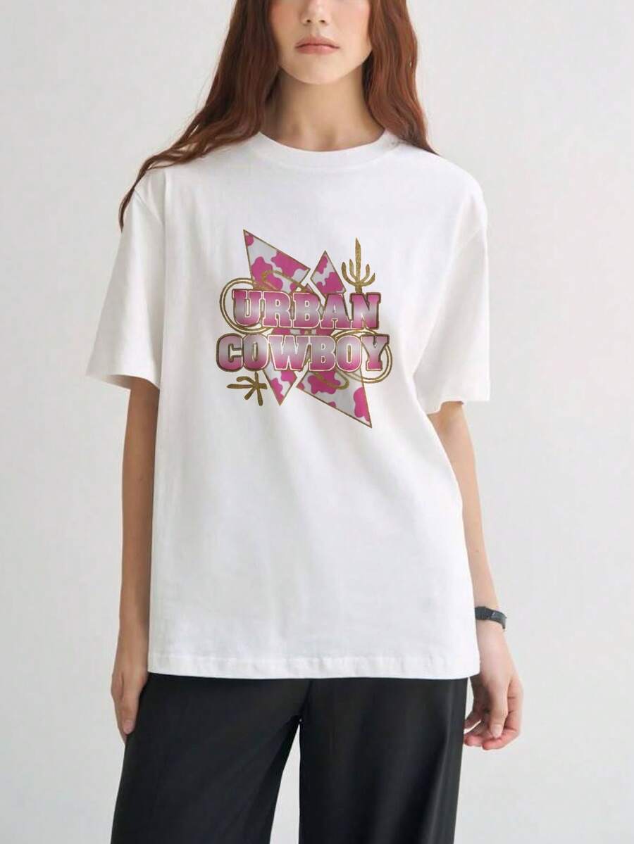 Women's Premium Casual T-Shirt With Urban Denim Print, Summer Clothing, Fashion Gift For Friends, - 白色 - View 1