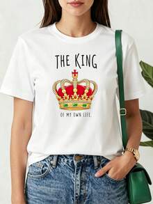 Premium Casual Women's T-Shirt Featuring A Crown And The Text "King Of My Life". Suitable For Personal Use Or As A Gift For Friends In The Summer. . - White - View 8