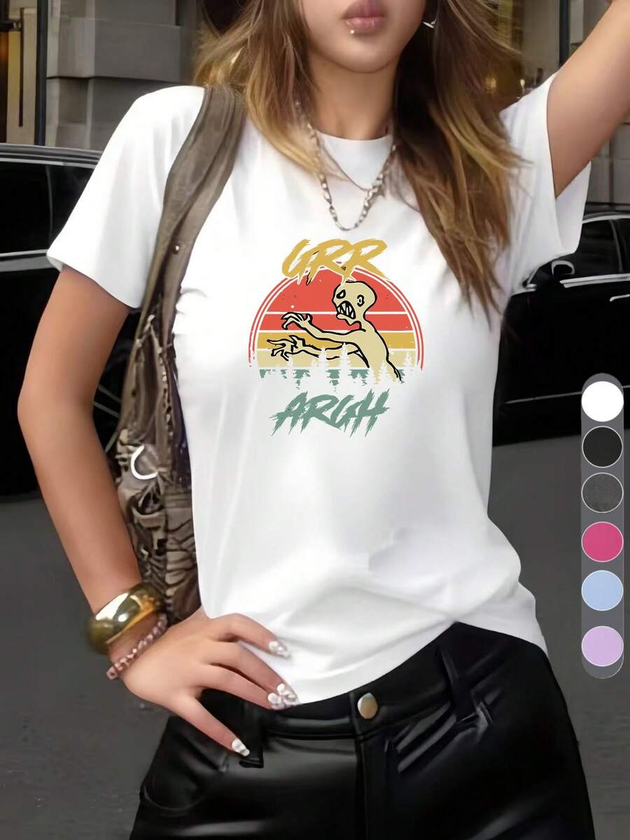 Y2K Style - Women's Casual Short Sleeve Crew Neck T-Shirt - Grr Argh Zombie Retro Comfortable Color, Buffy Inspired Halloween T-Shirt, Horror Movie T-Shirt, 90s Zombie Fan T-Shirt, A Comfortable T-Shirt For All Seasons - 白色 - 查看 1