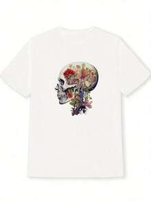Women's White T-Shirt With Skull And Flower Print - Casual Short Sleeve Crew Neck T-Shirt, Breathable, Machine Washable For All Seasons, For Casual Outfits, Cute T-Shirts, Relaxed Fit T-Shirt, Artistic Design T-Shirt, Comfortable Material, For Women's Blouses > Clothing - 白色 - 查看 4