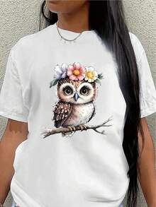 Short-Sleeved Polyester T-Shirt, Decorated With Cute Owl And Flower Designs, Lightweight And Durable, Suitable For Home, Cafes, Or Casual Outdoor Wear. Women's Blouses > Clothing - 白色 - 查看 1