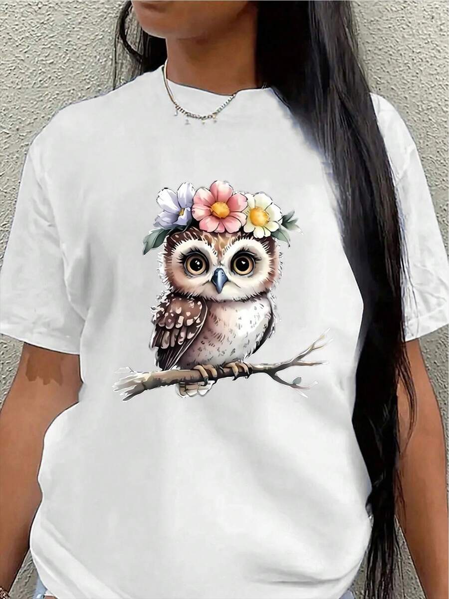 Short-Sleeved Polyester T-Shirt, Decorated With Cute Owl And Flower Designs, Lightweight And Durable, Suitable For Home, Cafes, Or Casual Outdoor Wear. Women's Blouses > Clothing - 白色 - 查看 1