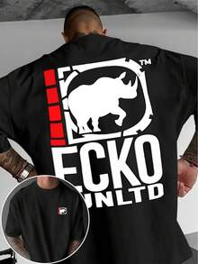 A Short-Sleeved T-Shirt With A "Rhino" Print And A Round Neck, Ideal For Summer. It's A Must-Have For Travel, Dates, Beach Outings, And Vacations, Making It A Perfect Gift For Dad Or A Boyfriend On Special Occasions. - 黑色 - 查看 6