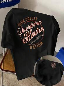 New Men's T-Shirt, 180g Weight, % Cotton, Blue-Collar Culture Style, With Overtime Themed Print On The Front And Back, Short Sleeve Shirt For Men, Suitable For Daily Casual Wear And Outdoor Fitness Activities, Unique Double-Sided Pattern Design - To Be Layered In Spring And Autumn And As A Single Garment In Summer, Unisex Style. - 黑色 - 查看 1