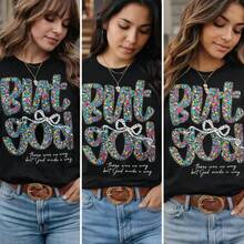 Women's Floral Design T-Shirt "But God", Christian Cotton Clothing, Gift For Her, Religious Garment, Comfortable Summer Top For Women, BLACK/WHITE, Casual, Crew Neck T-Shirt, Comfortable Cotton T-Shirt - 黑色 - 查看 4