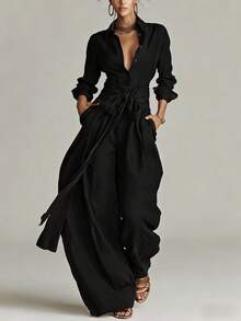 Women Jumpsuit Elegant Minimalist Commuter Textured Collared Long Sleeve Button Front Tie Waist Wide Leg Loose Fit One Piece For Office Daily Going O - Black - View 5