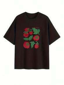 Women's Cotton T-Shirt, Round Neck, Casual. Short-Sleeved Summer T-Shirt For Women With A Tomato Print, Versatile, Loose Fit, Round Neck, Y2K Style. Simple T-Shirt For Everyday Wear. - 黑色 - 查看 3