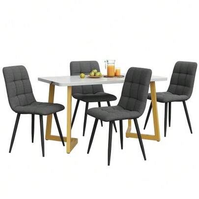 117cm Esstisch Mit 4 Stühlen Set, Rechteckiger Esstisch Moderner Küchentisch Set, Dunkelgrauer Leinen Esszimmerstuhl, Golden Tischbeine