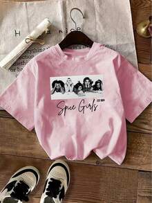 Spi Girls Print Summer T Shirts Viral Womens T-Shirts Black White Portrait With Handwritten Letter Design T-Shirt, Summer Daily Fashion Short Sleeve Tee For Ladies - 粉紅色 - 查看 1