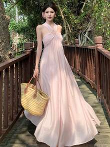New Women's Long Summer Dress, Pink, 'pure And Sexy' Style, Elegant And Sophisticated, Holiday, Exclusive, Designer, Halter Neck, Flattering, Perfect For Vacation, Beach And Fairy Looks - 粉色 - 查看 1