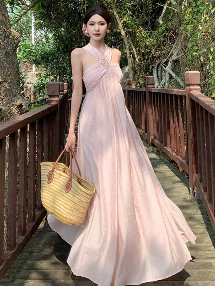 New Women's Long Summer Dress, Pink, 'pure And Sexy' Style, Elegant And Sophisticated, Holiday, Exclusive, Designer, Halter Neck, Flattering, Perfect For Vacation, Beach And Fairy Looks - 粉色 - 查看 1