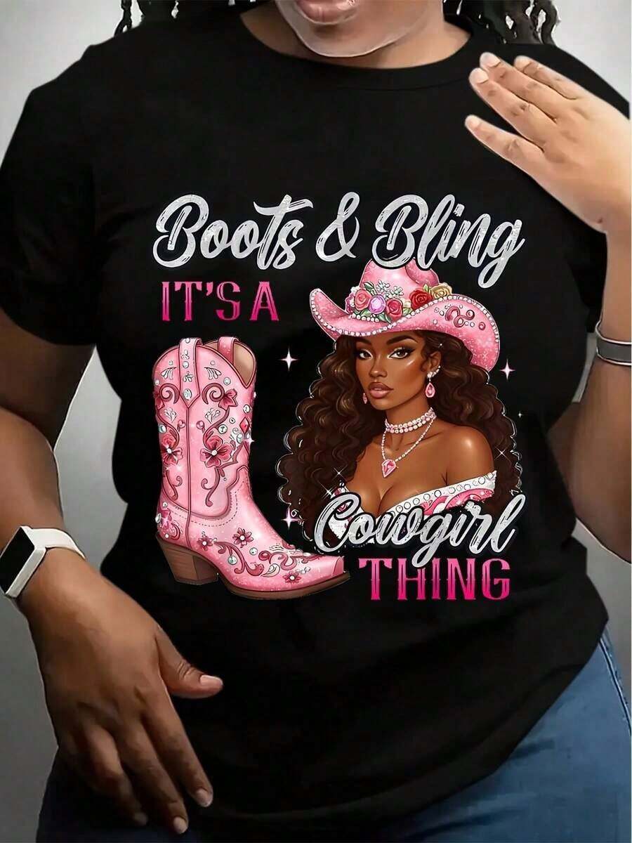 Plus Size Women's Western Cowboy Boots And Printed Tee - "Ground Boots Graphic" Oversized Crew Neck Short Sleeve Top - Breathable And Comfortable Casual Wear, Everyday Wear And Sportswear - 黑色 - 查看 1