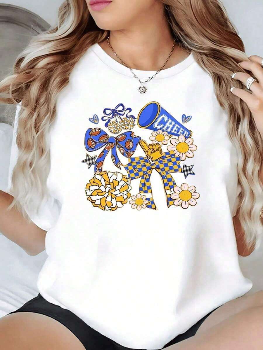 100% Cotton. The Print Features Cheerful Blue And Yellow Ribbons, Daisy Flowers, And A Megaphone, Symbolizing Energy And A Positive, Encouraging Spirit. Women's 100% Cotton T-Shirt. Women's Simple Solid Color T-Shirt, Loose And Slim Fit Casual Short Sleeve - 白色的 - 查看 1
