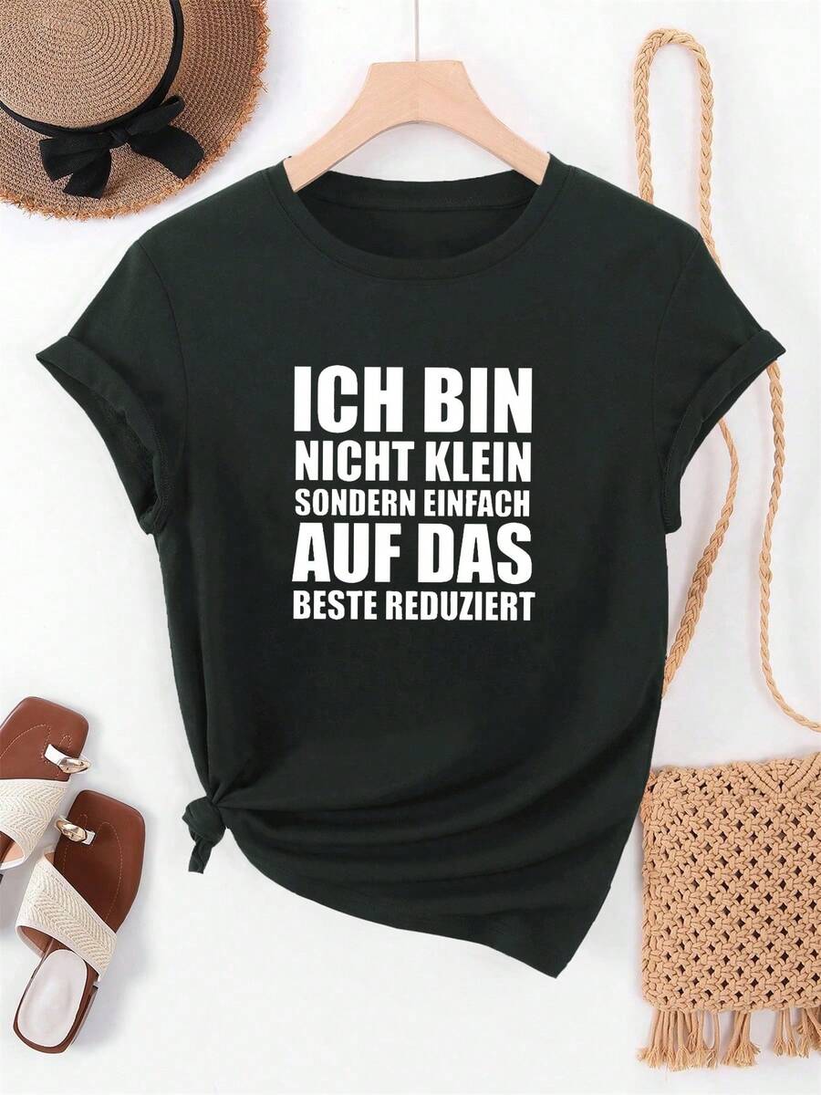 Women's Casual Summer T-Shirt With "I Am Not, But Simply Reduced To The Best" Print And Round Neck - 黑色 - 查看 1