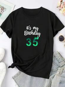 1 Piece Of Y2K Style Women's Casual Short-Sleeved Sports T-Shirt With "This Is My 35th Birthday" Print, Birthday Gift. Elegant Party Outfit, T-Shirt For Elegant Ladies, Blouses Suitable For Curvy Women, Casual Wear, Cool And Sweat-Free Summer Clothing, Fun Letter Print. - 黑色 - 查看 3