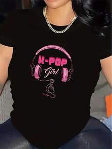Women's Mexican Short-Sleeve T-Shirt, Polyester Fabric, K-Pop Design With Pink Headphone Print, Lightweight And Durable, Perfect For Casual Wear At Home, Cafes, Or Concerts, Comfortable Fit For Everyday Wear. Summer Fashion Cotton T-Shirt - 黑色 - 查看 12