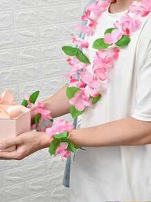 1套夏威夷花環套裝，夏威夷花項鍊，熱帶夏威夷花卉主題派對小禮品，熱帶朱槿花適用夏季泳池派對，DIY裝飾華麗服裝，單身女派對小禮品 - 彩色 - 查看 3