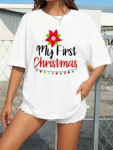 Soft, Breathable, And Lightweight For All-Day Wear. Comfortable 1-Piece Set. Ladies' 180 G/M² 100% White. Thanksgiving & Christmas Pattern. T-Shirt - Short Sleeves. Crew Neck. Casual Top With "My First Christmas" Print, Pumpkin. Turkish Design, Suitable For All Seasons, Ideal For Christmas Parties And Casual Wear. Crew Neck With Relaxed Fit That Flatters All Body Shapes And Is Easy To Pair With Jeans, Shorts, And Leggings. - 白色 - 查看 6