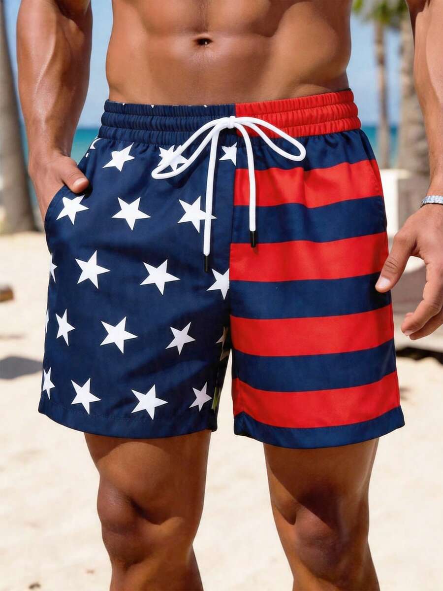 1pc Men's American Flag Print Beach Shorts, Summer Men's Beach Pants, Color Block Patchwork Random Print Pattern Design, Drawstring Elastic Waist, Lightweight Breathable Fabric, Machine Washable, Vacation Style, Pool Essential, Beach Holiday Casual Shorts - Multicolor - View 1
