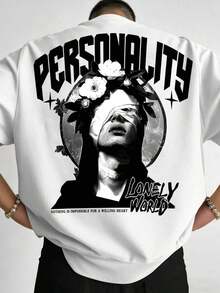 Manfinity LEGND Men's Loose Fit Black T-Shirt, Vintage Style Street Mythology Graphic Print, Lightweight Comfortable Short Sleeve Ideal For Summer, Versatile Youthful Urban Casual Wear - 白色 - 查看 11