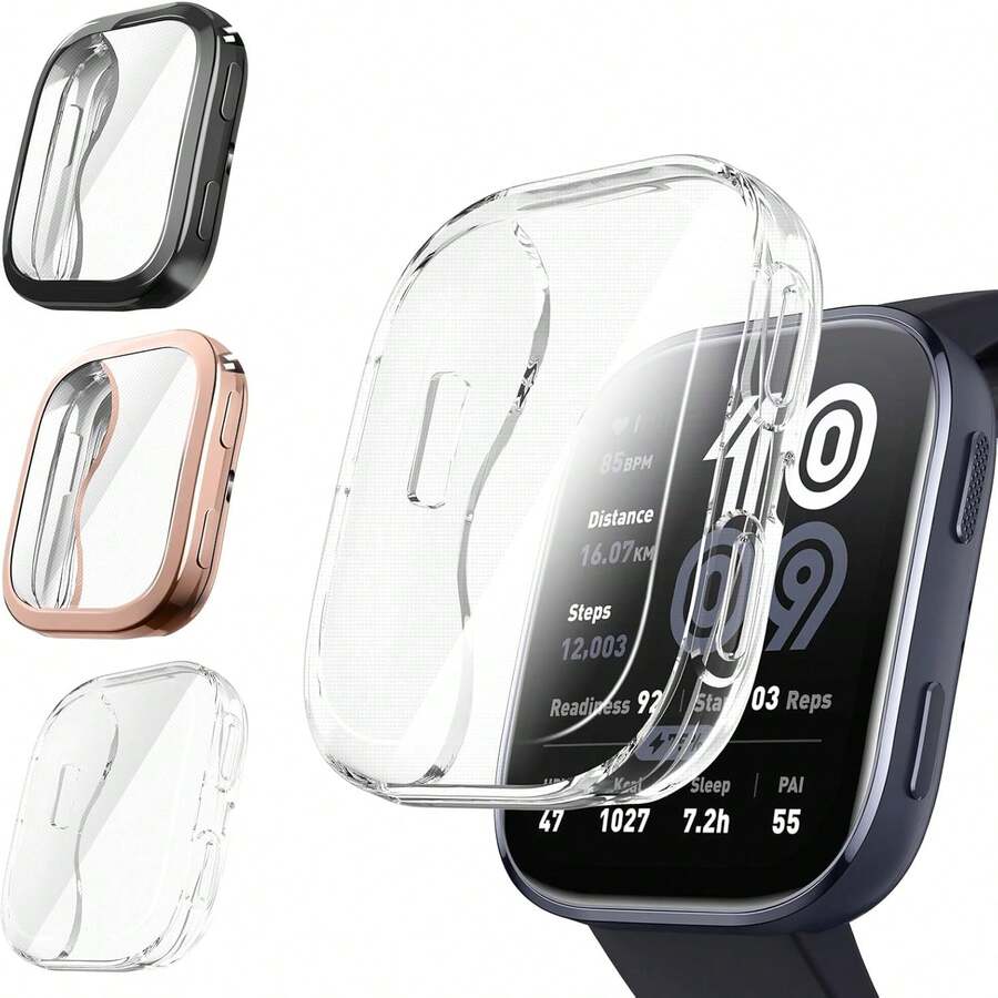 3 piezas Protector de pantalla & Funda protectora para Bip 6, Borde electroplateado de TPU suave Cobertura completa Anti-arañazos Cubierta de reloj - Negro/Oro rosa/Transparente - Ver 1