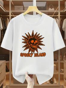 Camiseta de Cuello Redondo para Hombre, Talla Grande, 100% Algodón, con Estampado de Calaveras y Sol, Diseño SPooky ISLAND, Camiseta Casual Cómoda de Manga Corta para Verano, TALLA GRANDE - Blanco - Ver 1