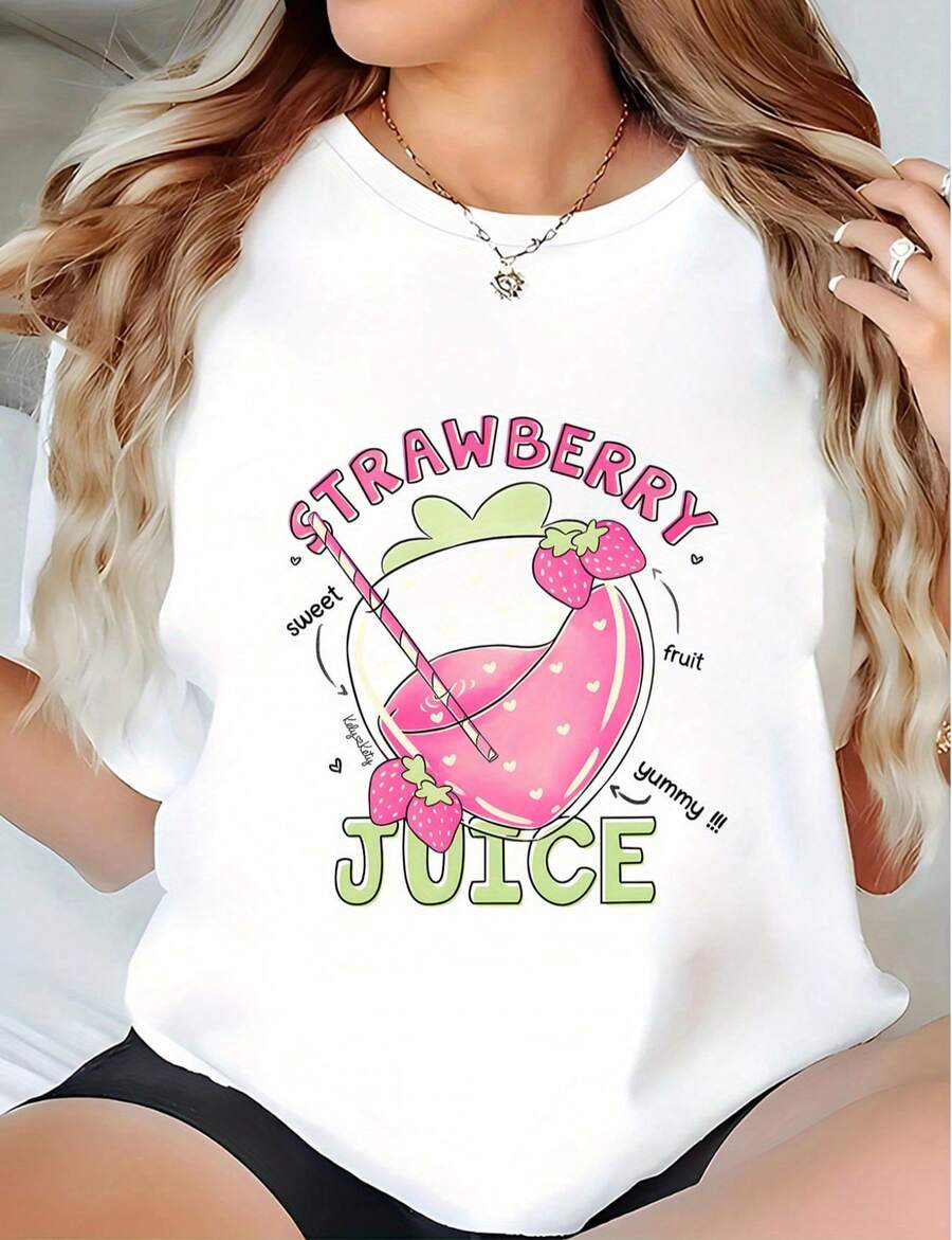 Women's T-Shirt With Simple And Versatile Design, 100% Strawberry Juice Print | Cute Strawberry And Lemon Slice Print, Combined With The Fun Inscription "Strawberry Juice", Breathable, Loose Fit, Short Sleeve Casual Summer T-Shirt, Suitable For Spring/Summer, Machine Washable - Cute Casual Cotton T-Shirt. - 白色 - 查看 1