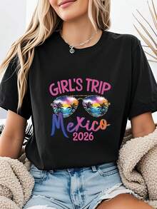 TRIP Mexico 2026 Women's T-Shirt With Fashionable Sunglasses Print And Beach Vacation, Short Sleeve, Round Neck, Casual Top For Summer And Spring, Women's Clothing, Casual Printed T-Shirt, Short Sleeve And Round Neck, Local Urban Spring/Summer Fashion. - 黑色 - 查看 1