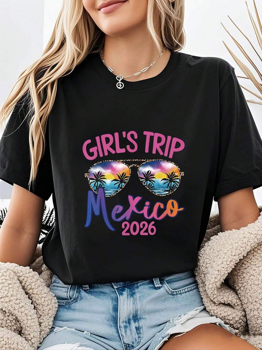 TRIP Mexico 2026 Women's T-Shirt With Fashionable Sunglasses Print And Beach Vacation, Short Sleeve, Round Neck, Casual Top For Summer And Spring, Women's Clothing, Casual Printed T-Shirt, Short Sleeve And Round Neck, Local Urban Spring/Summer Fashion. - 黑色 - 查看 1