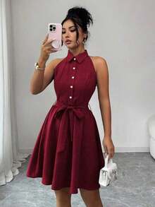 Elenzya Vestido de cuello de camisa sin mangas con tela de efecto lino de dos tonos y efecto de mezclilla, silueta en línea A, diseño elegante y romántico, adecuado para uso al aire libre - Burdeos - Ver 1