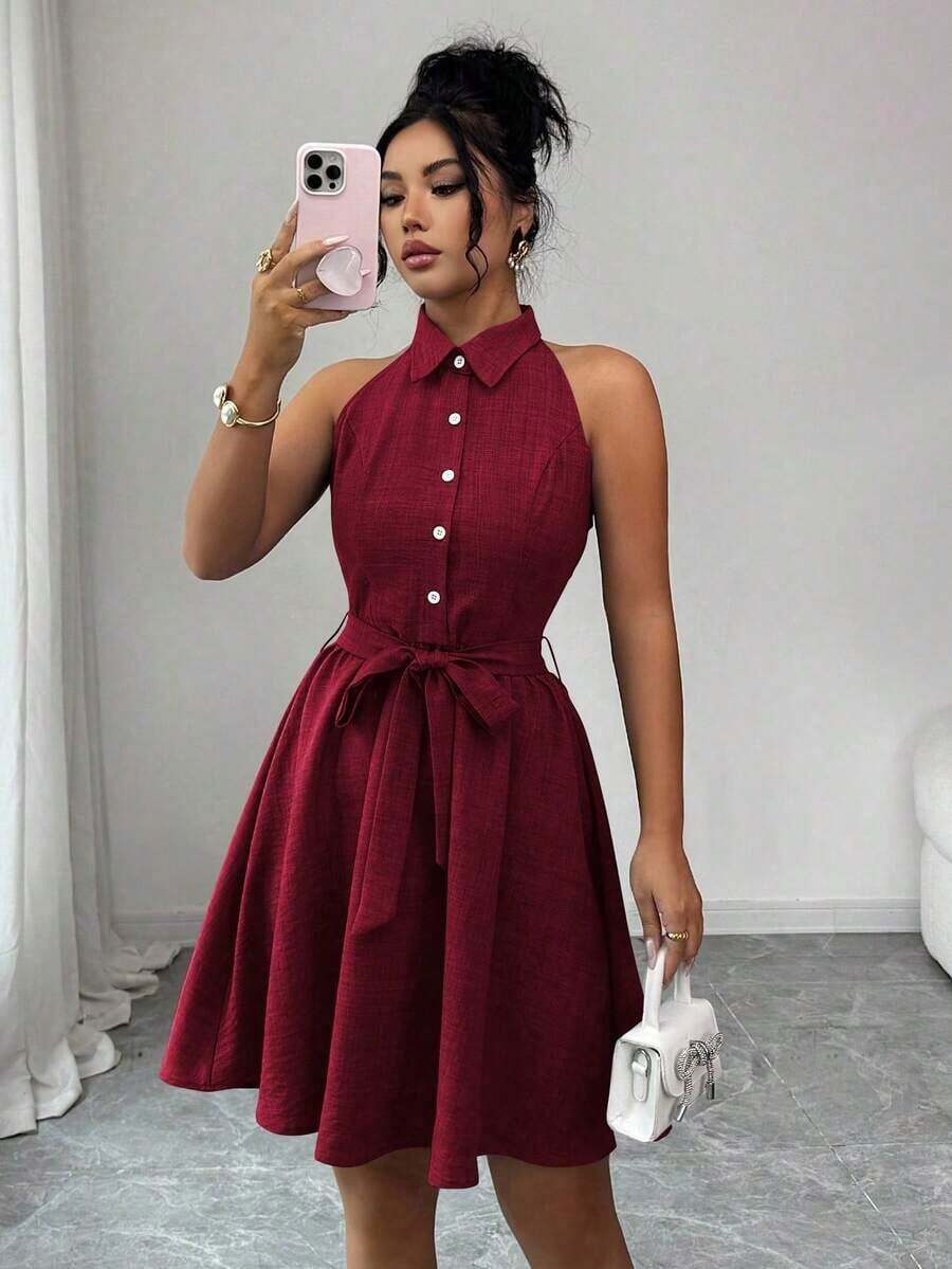 Elenzya Vestido de cuello de camisa sin mangas con tela de efecto lino de dos tonos y efecto de mezclilla, silueta en línea A, diseño elegante y romántico, adecuado para uso al aire libre - Burdeos - Ver 1
