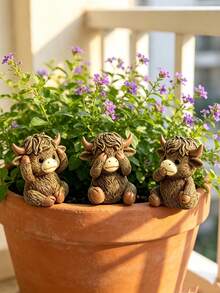 Highland Cow Resin Pot Hugger Set - Cute "See No Evil, Hear No Evil, Speak No Evil" Calf Figurines, Ideal For Plant Pot Edges, Balconies & Garden Decor. Adds Whimsical Farm Charm To Indoor And Outdoor Spaces,Garden,Outdoor Decor,Garden Stuff,Garden Statues - New Model - View 2