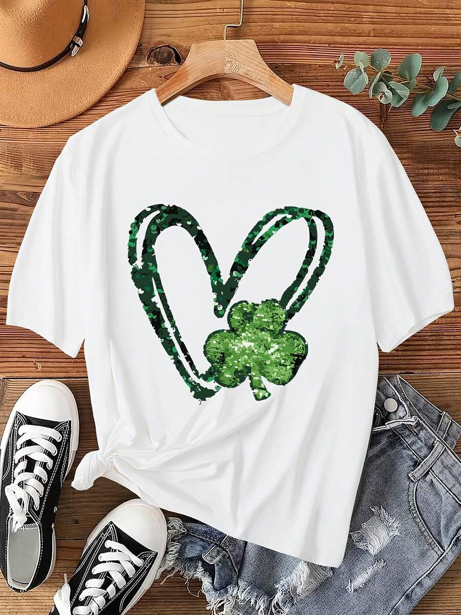 Women's Printed T-Shirt - Casual Short Sleeve Crew Neck T-Shirt In White With Textured Clover And Heart Design - Relaxed Fit For All Seasons, Perfect For Everyday Wear And Holiday Outfits (Machine Washable). - 白色 - 查看 1