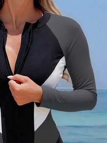 2026 Swim SPRTY 1 pieza Traje de baño de una pieza para mujer, traje de baño de manga larga con cremallera y bloques de color casual para vacaciones y playa, traje de baño de una pieza de manga larga para mujer, traje de baño de manga larga para mujer, traje de baño de manga larga para mujer - Burdeos - Ver 6