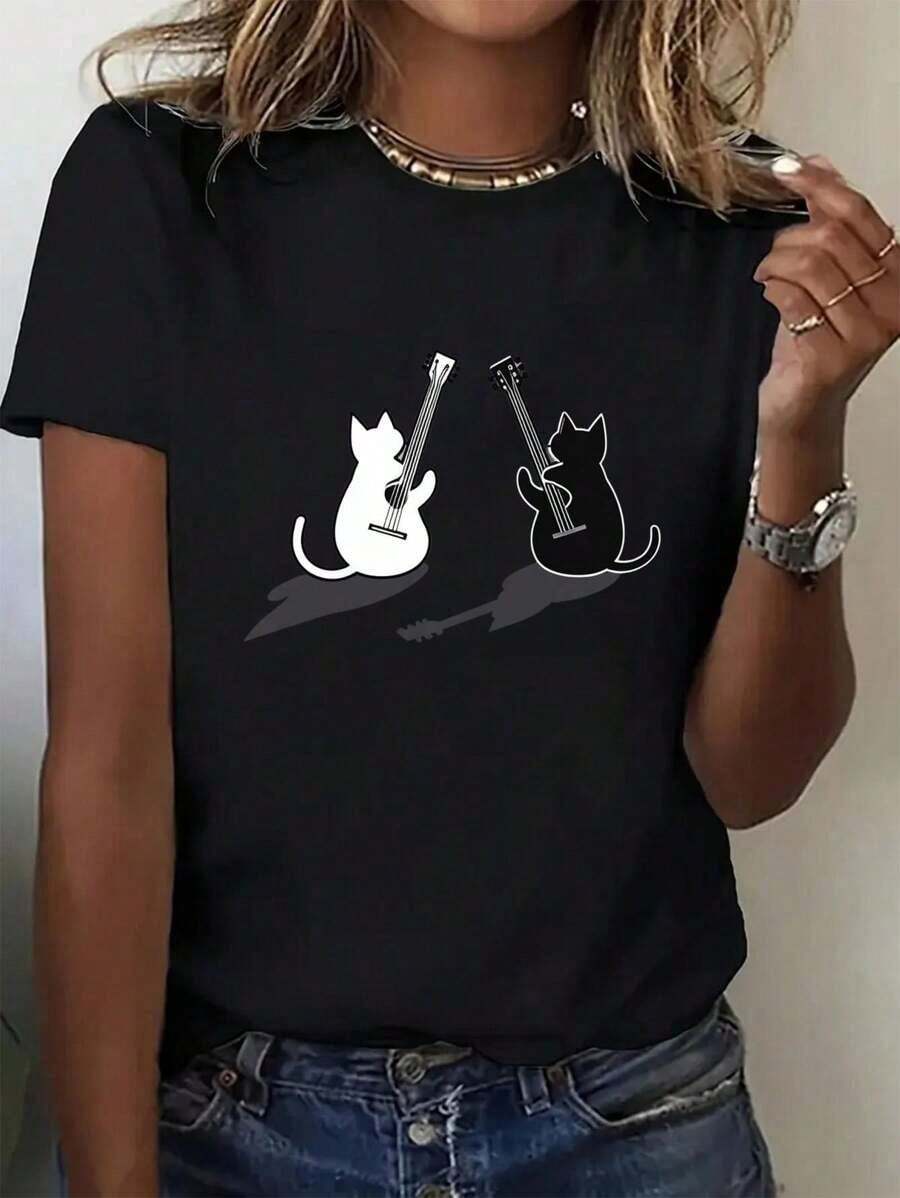 1 Piece, Women's 180g T-Shirt With Fashion Graphic Print - Casual Short Sleeve Crew Neck T-Shirt - Lightweight And Breathable For All Seasons, Polyester Crew Neck 100% Cotton Soft Fabric Short Sleeve - 黑色 - 查看 1