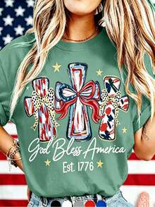 American 250th Anniversary Celebration Apparel Graphic Tees Round Neck T-Shirt, "God Bless America" T-Shirt, USA 250th Anniversary Birthday Gift T-Shi - 綠色 - 查看 1