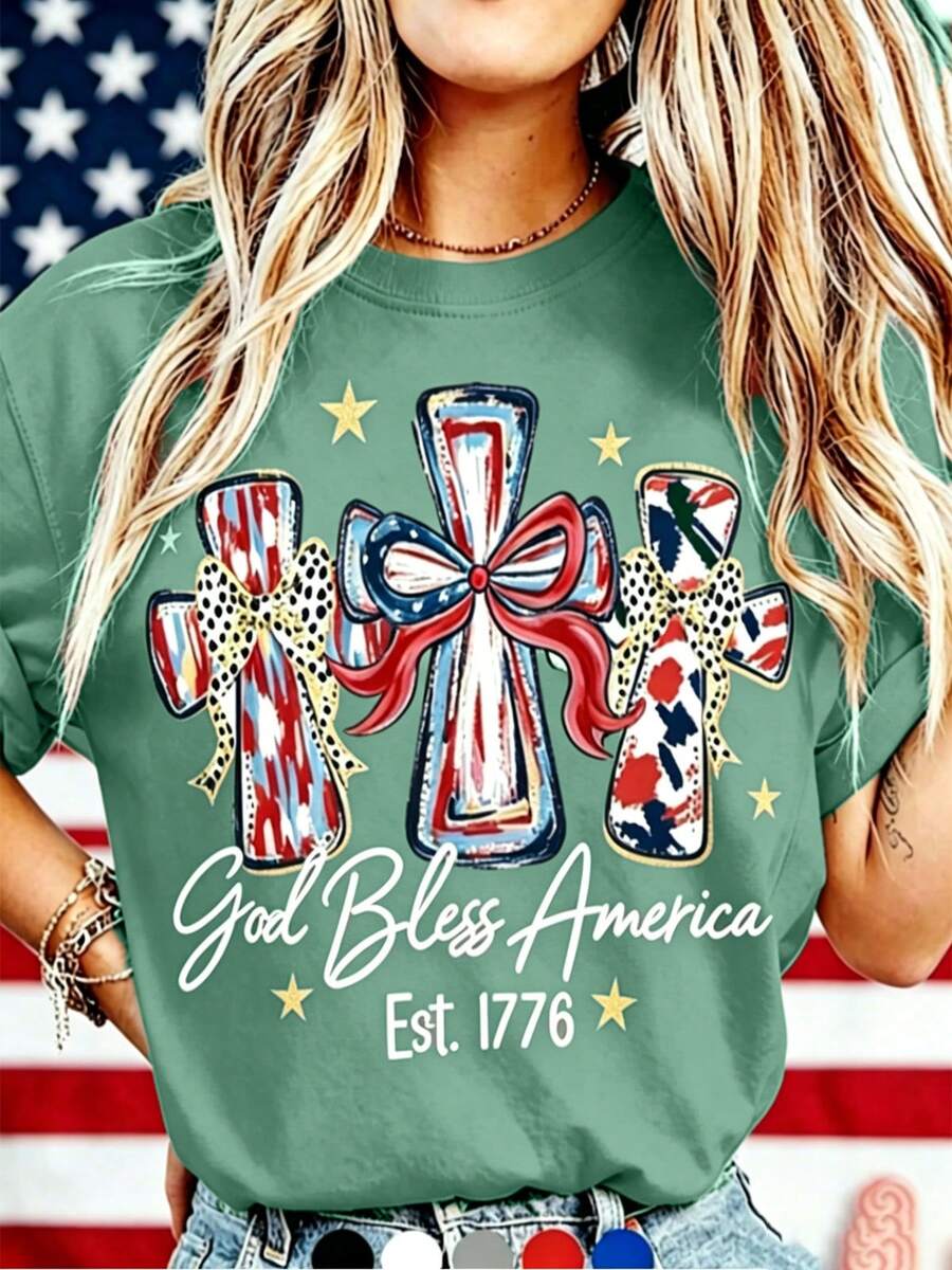 American 250th Anniversary Celebration Apparel Graphic Tees Round Neck T-Shirt, "God Bless America" T-Shirt, USA 250th Anniversary Birthday Gift T-Shi - 綠色 - 查看 1
