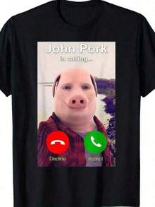 Men's Plus Size Cotton Graphic T-Shirt, Funny John Pork Meme T-Shirt, Women's T-Shirt, Sizes S-3XL, Y2K Style, Men's Oversized T-Shirt, Summer Tops, Women's Casual Printed T-Shirt, Short Sleeve And Round Neck, Spring/Summer Local Urban Fashion. - 黑色 - 查看 6