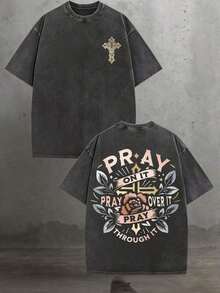 Golden Cross Floral Pray On It Vintage Oversized Graphic Tee, Religious Summer Top For Unisex - 黑色 - 查看 6