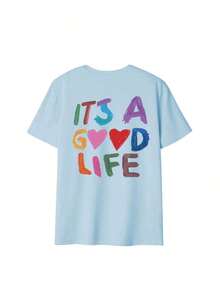 Camiseta de manga corta con cuello redondo y estampado de eslogan colorido para mujer, nuevo estilo de verano, adecuada para uso diario.Vacaciones, Camiseta Gráfica para Mujer, Top Blanco para Mujer - Celeste - Ver 4