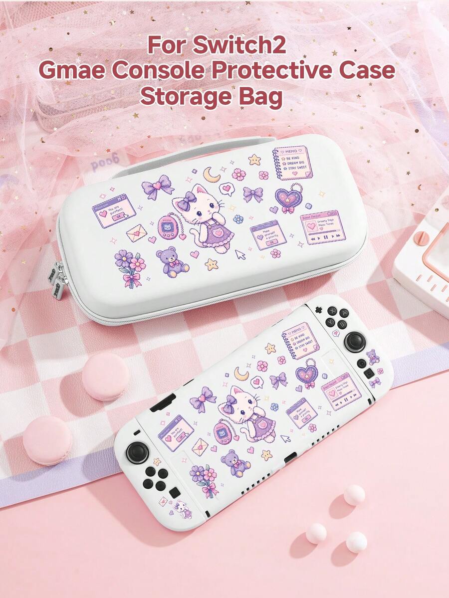 1 Set Y2K Pixel Art Cute Cat Graphic Compatible With Switch2 (2025)/Switch NS/Switch OLED Game Console Accessories, Including Protective Case/Storage Bag, TPU Soft Shell, Stylish & Practical, Portable Stand, Shockproof, Scratch-Resistant, Anti-Fouling, Fashionable Romantic Gift - View 1