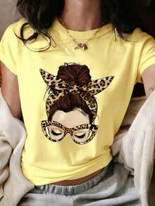 Short-Sleeved T-Shirt With A Round Neck, Relaxed Fit, And Simple Slogan Print, For Women, Ideal For Summer, Holidays, And Everyday Wear. Women's T-Shirt. White Blouses For Women. - 黃色 - 查看 3