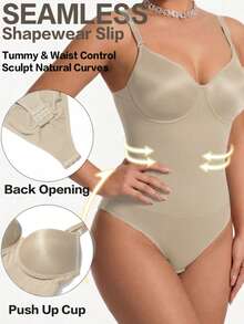 1 pieza Mono sin costuras y sin aros para mujer, con diseño de copa push-up, compresión abdominal y de cintura, tirantes ajustables y diseño de espalda abierta, mono estilo colombiano que resalta las curvas naturales, apto para uso diario, viajes, fitness y vacaciones - Albaricoque - Ver 1