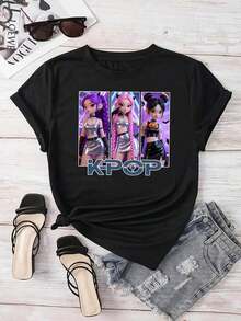 Women's Casual T-Shirt With K-Pop Group Graphic Design - Breathable Short Sleeve Summer Top With Korean Pop Design, Fan Clothing, Breathable And Comfortable - 黑色 - 查看 1