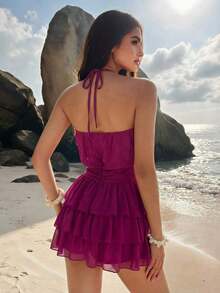 ROMWE Vestido mini con cuello halter, espalda descubierta y bajo con múltiples volantes - Amarillo - Ver 10