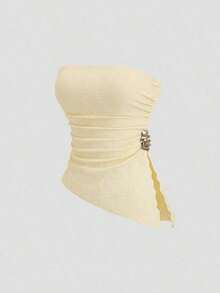 Top corto sexy de mujer con detalle fruncido y abertura lateral - Albaricoque - Ver 7