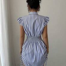 Vestido camisa elegante de vacaciones con mangas acampanadas, cintura fruncida y rayas azules - Amarillo - Ver 3