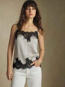 Camiseta sin mangas con ajuste de tirantes y encaje, versátil para usar en primavera/verano, adecuada para Pascua, Día de San Patricio, estilo vintage romántico de los 90, fiesta, playa, graduación, vacaciones, invitado de boda, casual, elegante - Gris - Ver 3