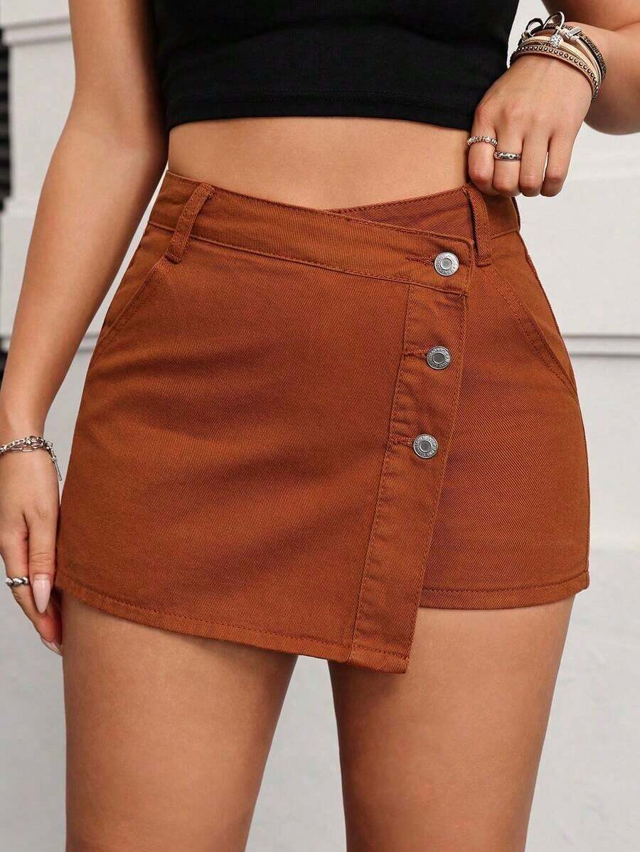 PETITE Short vaquero sexy con bolsillo frontal, cruce de cintura y abotonado para mujer - Óxido marrón - Ver 1